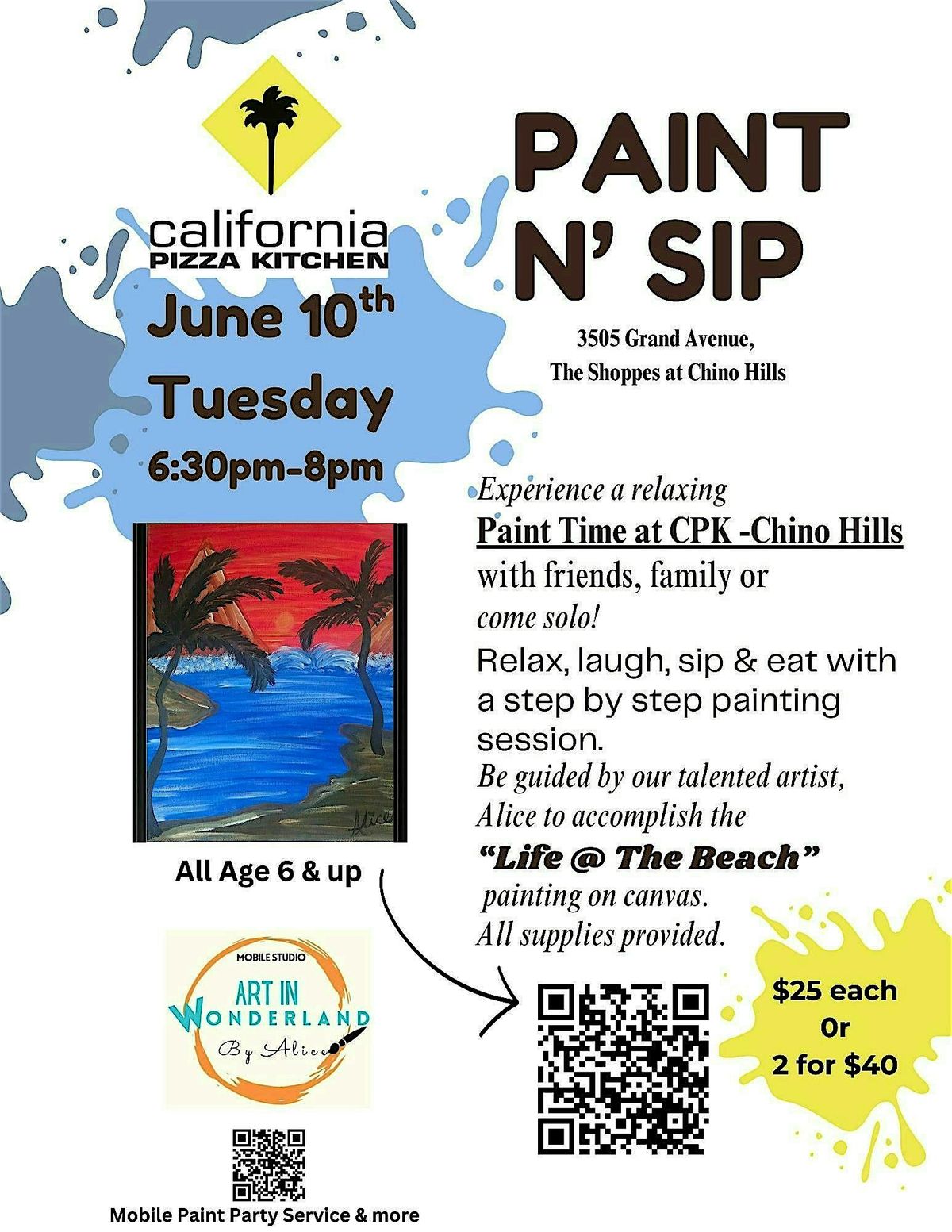 Paint n Sip! at California Pizza Kitchen!! Chino Hills!!!, 10 June | Event in Chino Hills | AllEvents