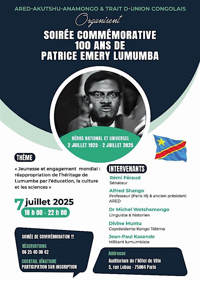 SOIRÉE COMMÉMORATIVE 100 ANS DE PATRICE EMERY LUMUMBA, 7 July | Event in Paris | AllEvents