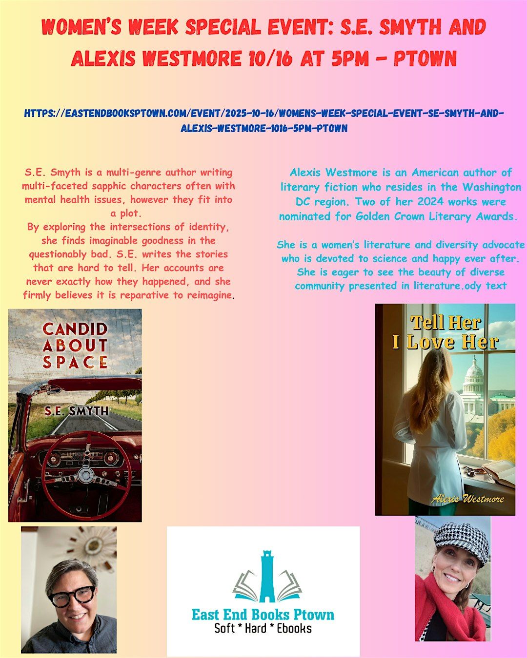Women's Week Special Event:  S.E. Smyth and Alexis Westmore 10/16 at 5pm, 16 October | Event in Provincetown