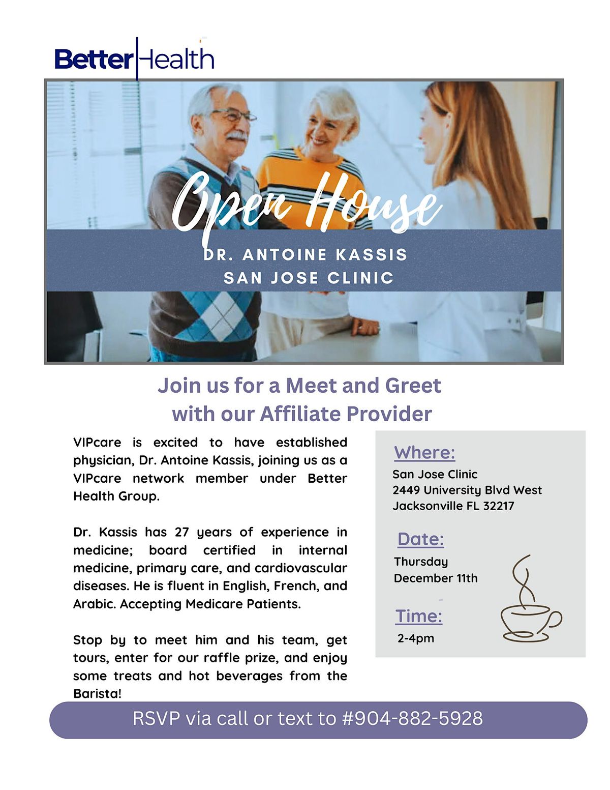 OPEN HOUSE Meet and Greet with Dr. Antoinne Kassis!, 11 December | Event in Jacksonville | AllEvents