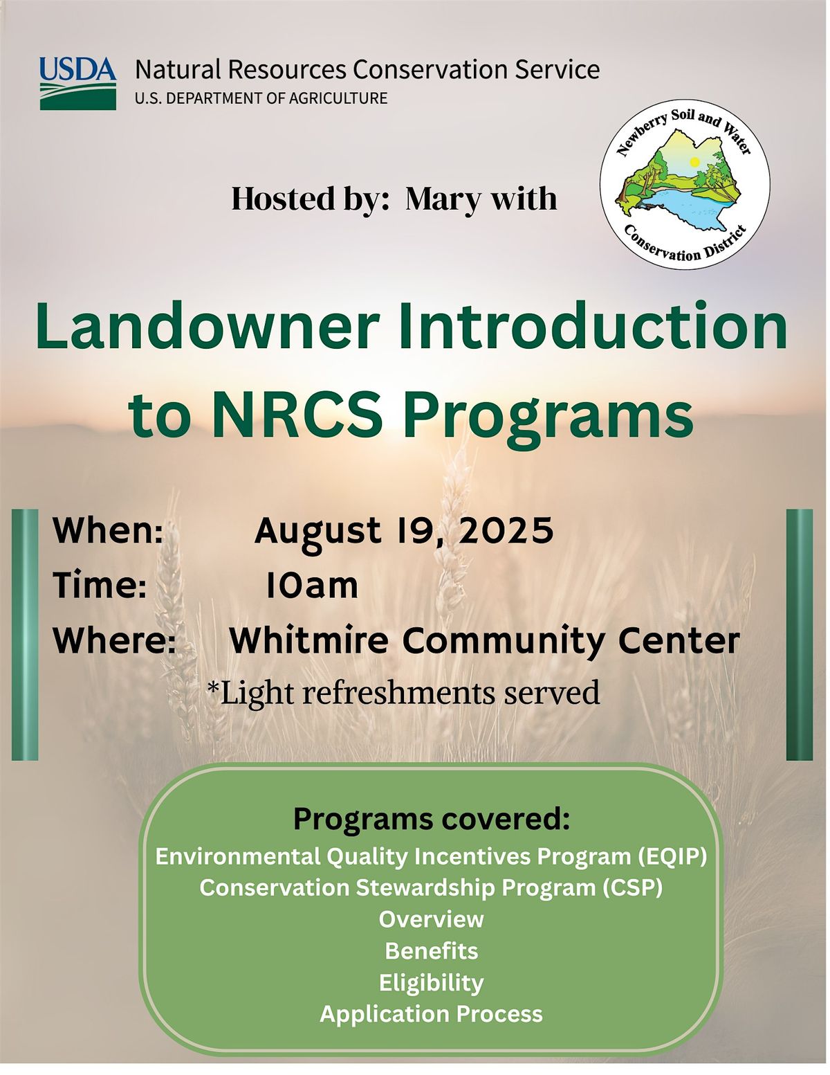 Landowner Introduction to NRCS Programs, 19 August | Event in Whitmire | AllEvents