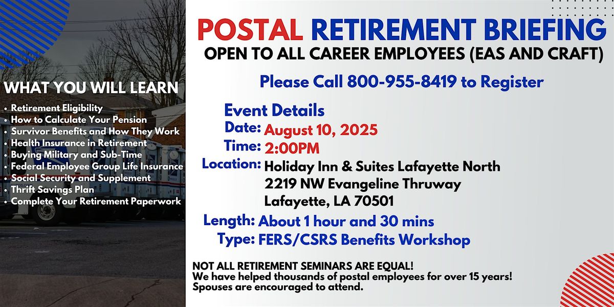 FERS Benefits Seminar - Lafayette 08/10/25, 10 August | Event in Lafayette | AllEvents
