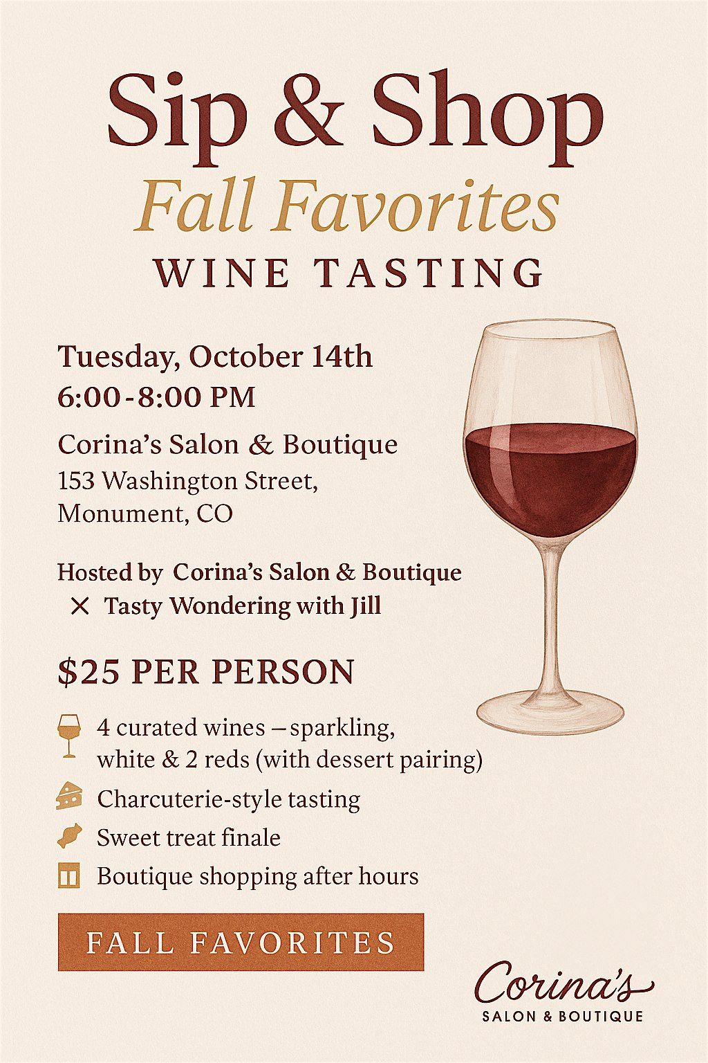 Sip & Shop: Fall Favorites Wine Tasting, 14 October | Event in Monument | AllEvents