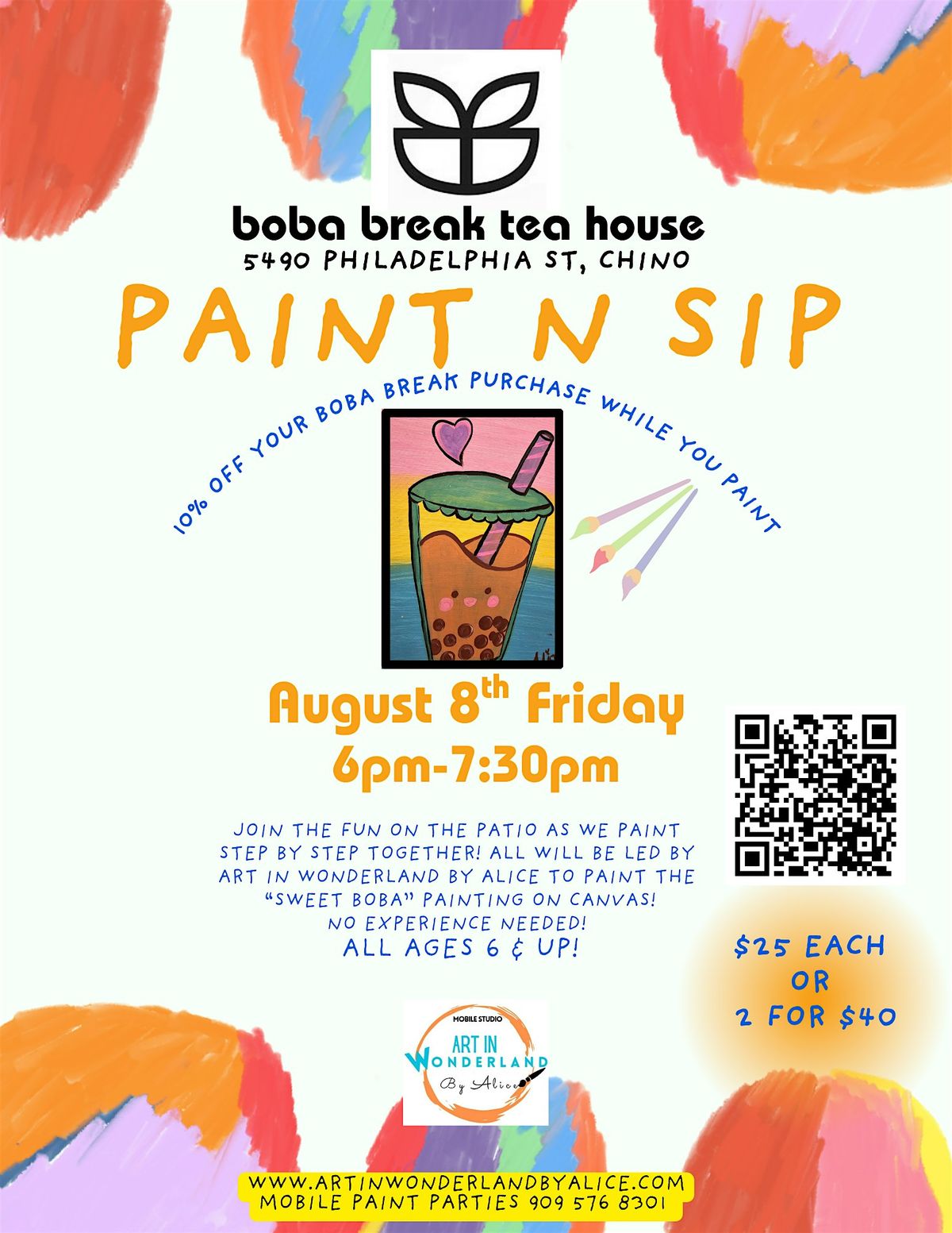 Paint n Sip Boba Break Chino! | Event in Chino | AllEvents