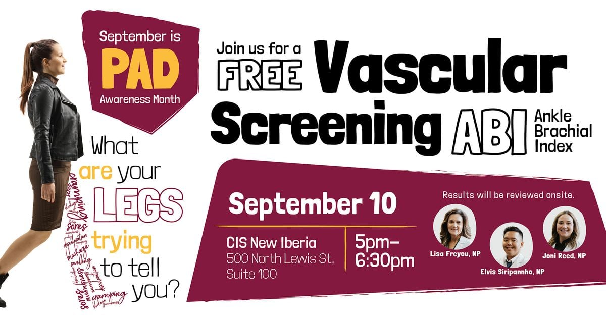 New Iberia Free Vascular Screening for PAD Awareness Month, 10 September | Event in New Iberia | AllEvents