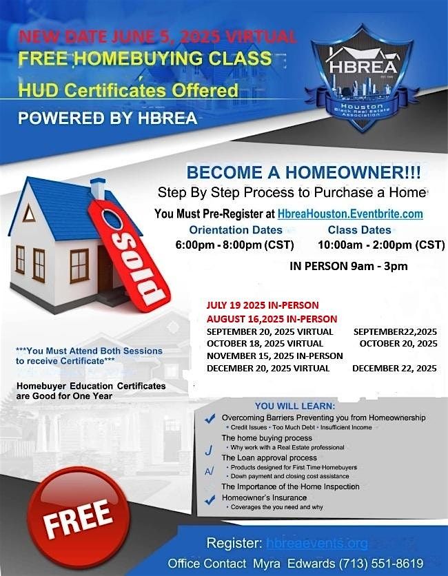 IN PERSON  AUGUST HUD Certificate Home Buying Class, 16 August | Event in HOUSTON | AllEvents