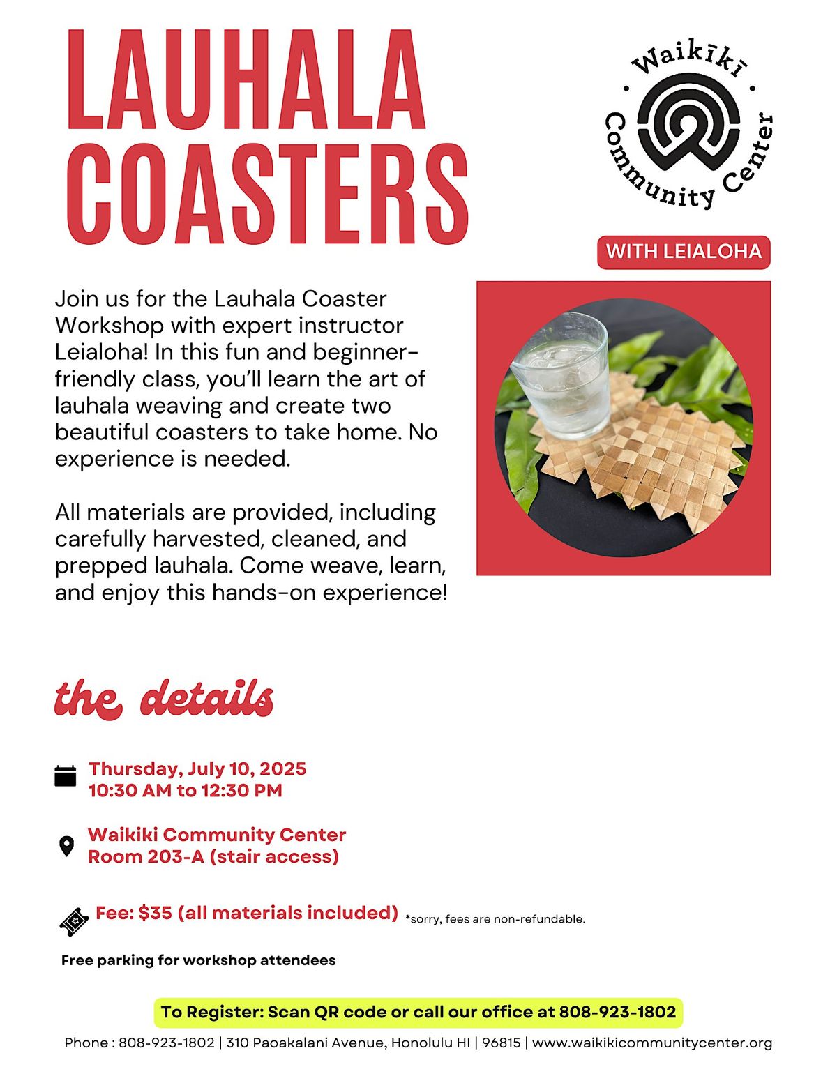 Learn to Weave Lauhala Coasters with Leialoha!, 10 July | Event in Honolulu | AllEvents