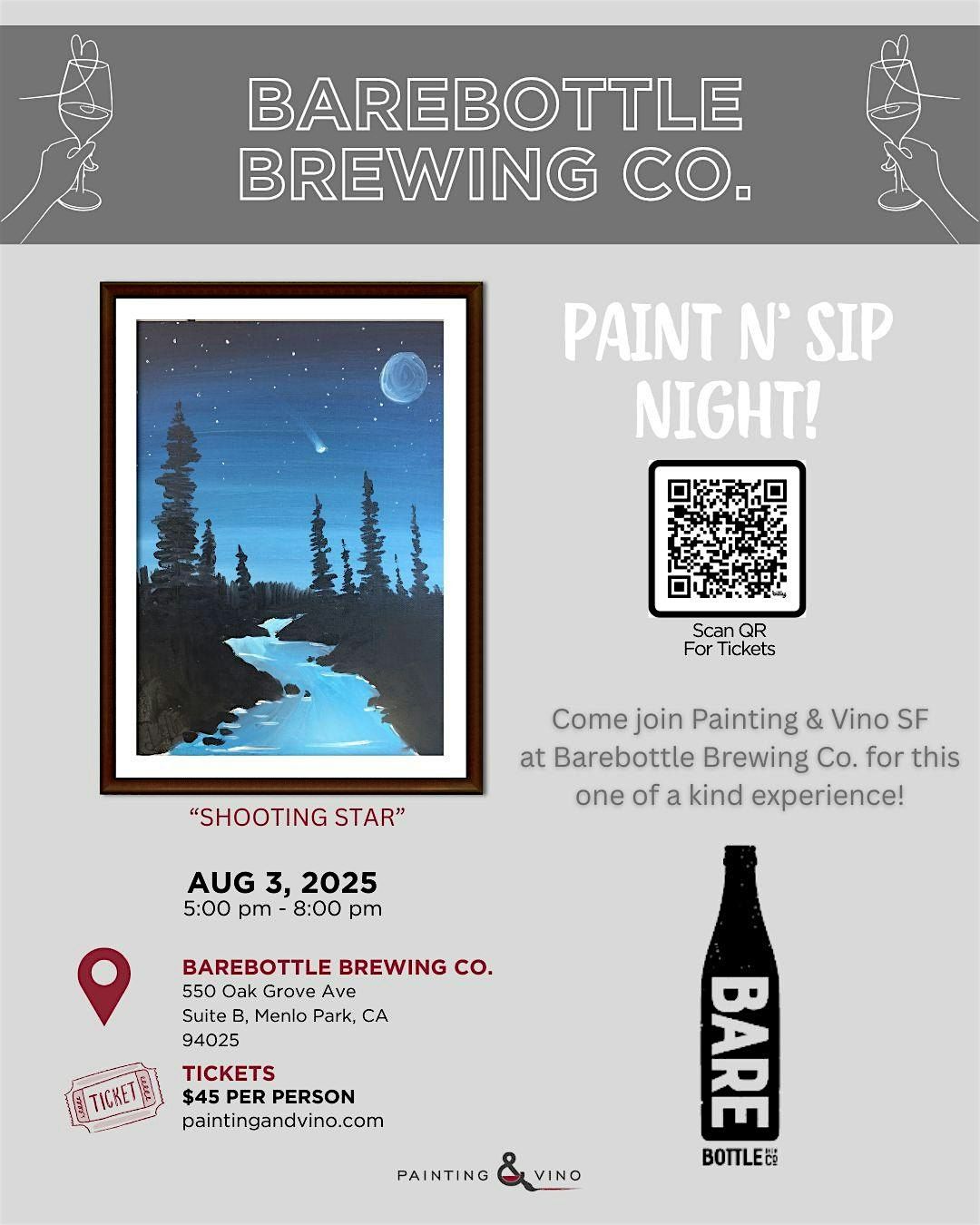 Paint & Sip "Shooting Star" @ Barebottle Menlo Park, 3 August | Event in Menlo Park | AllEvents