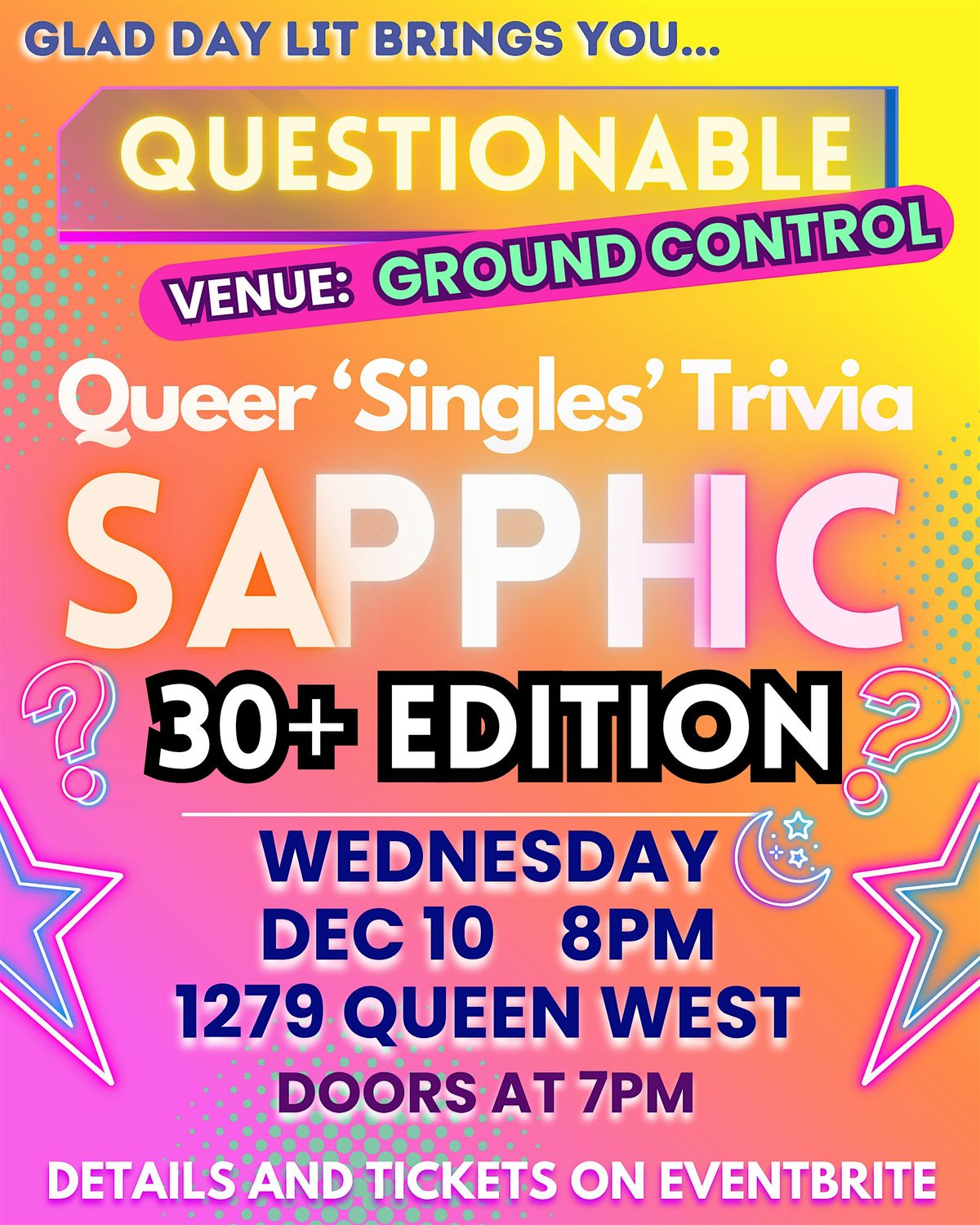 Questionable - SAPPHIC  OVER 30 EDITION : Queer Singles Trivia, 10 December | Event in Toronto | AllEvents