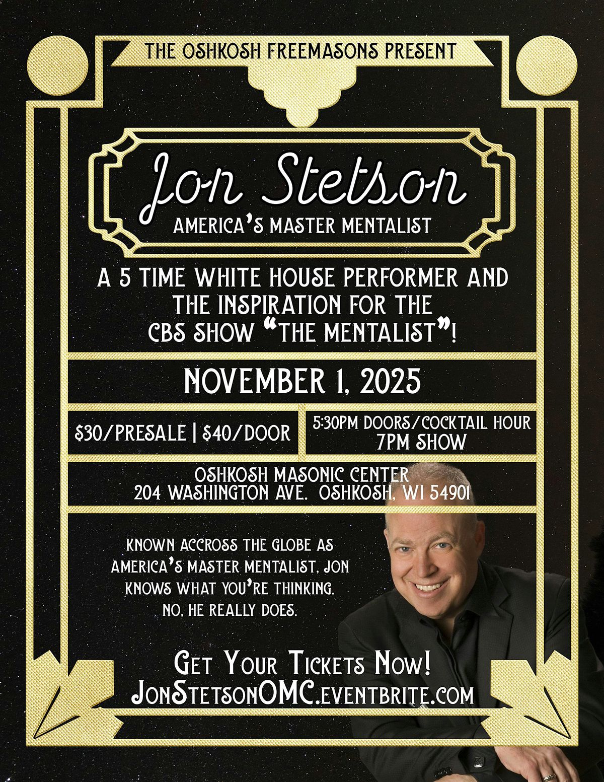 Jon Stetson "America's Master Mentalist" at the Oshkosh Masonic Center, 1 November | Event in Oshkosh