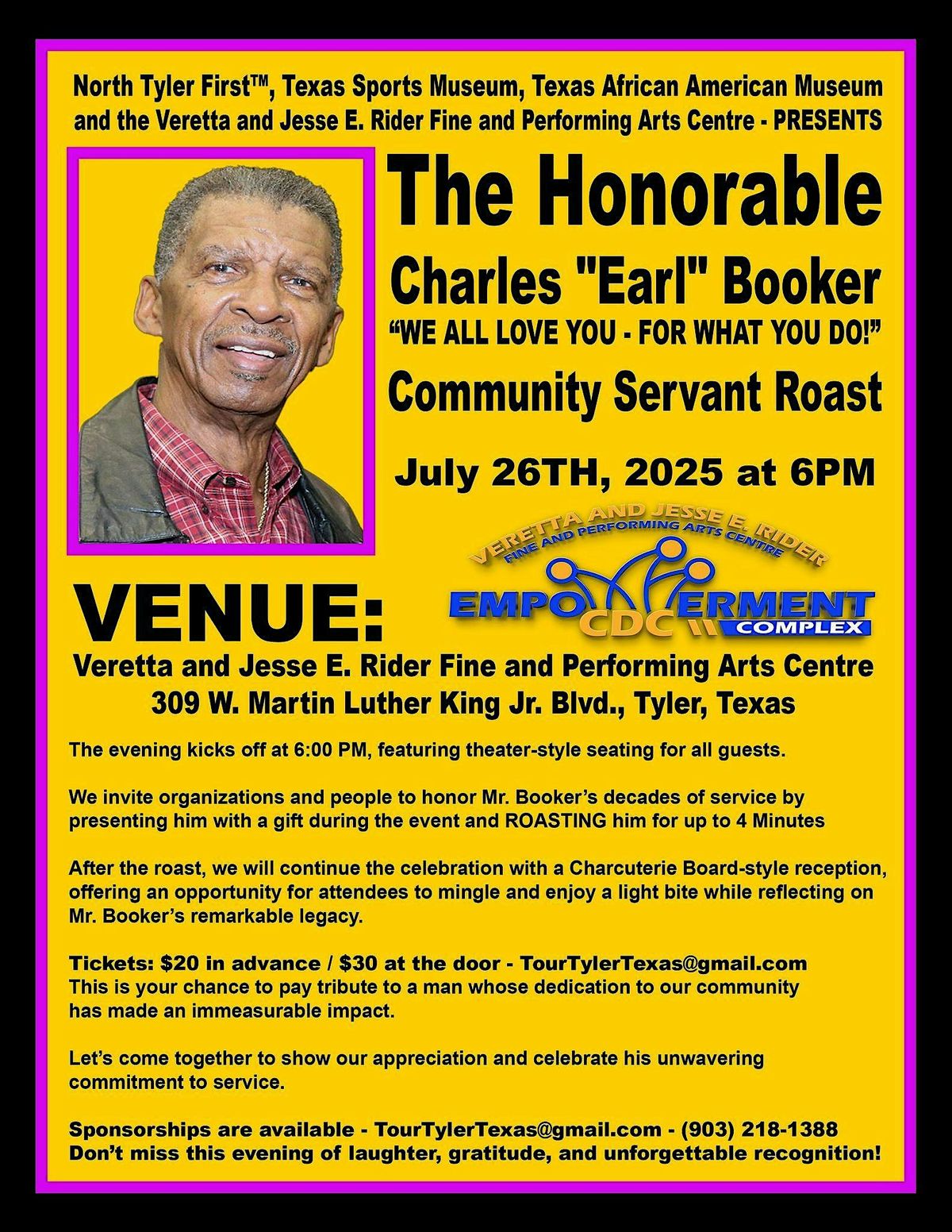 Charles "Earl" Booker -Community Servant Roast, 26 July | Event in Tyler | AllEvents