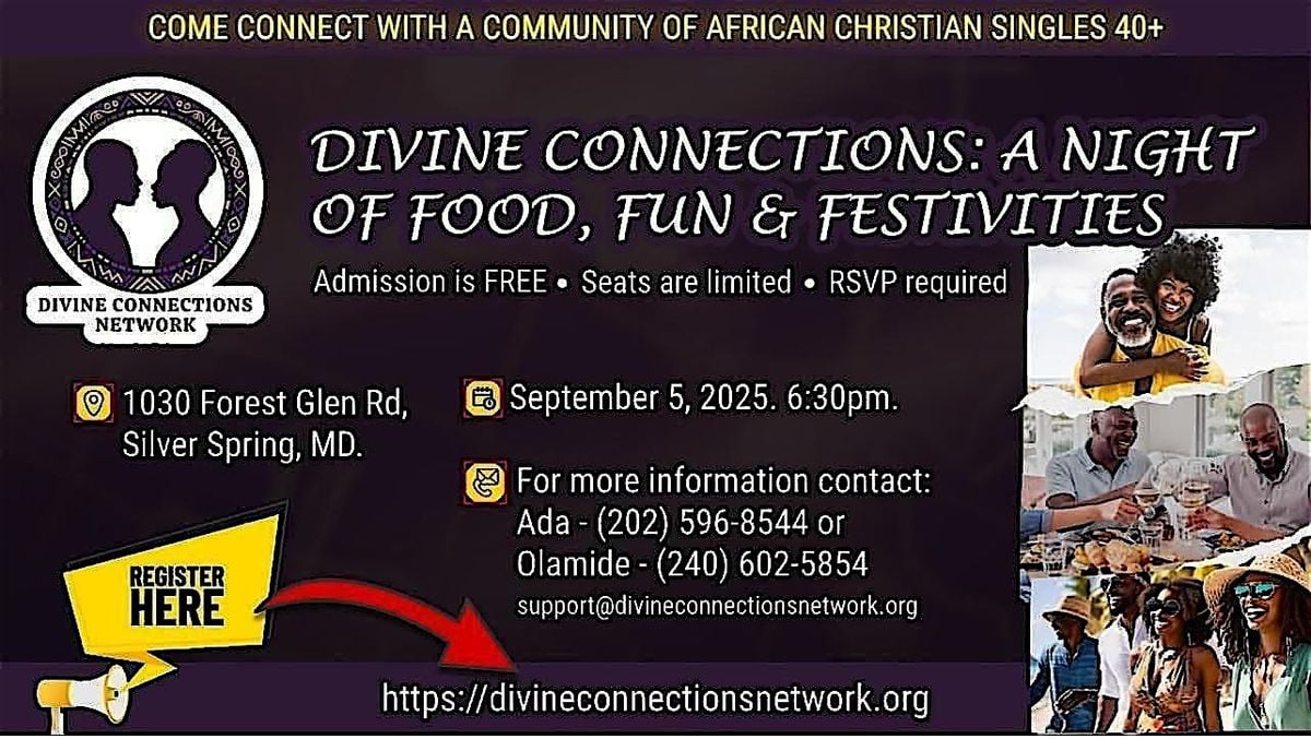 AFRICAN CHRISTIAN SINGLES: DIVINE CONNECTIONS: NIGHT OF FOOD & FUN, 5 September | Event in Silver Spring