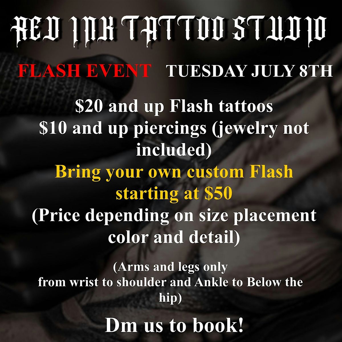 FLASH $20 AND UP TATTOOS AND $10 AND UP PIERCINGS JULY 8TH, 8 July | Event in New York | AllEvents
