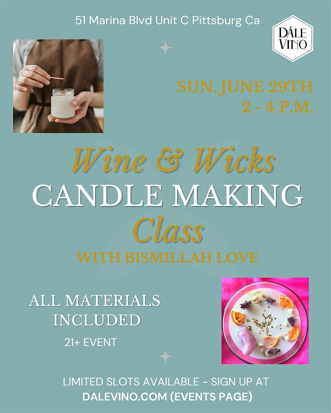 Wine & Wicks Candle making Class with Bismillah Love, 29 June | Event in Pittsburg | AllEvents