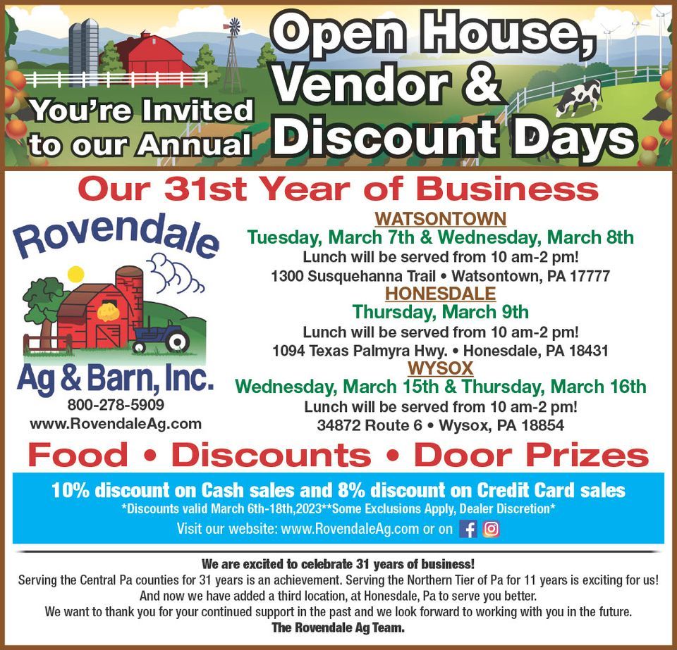 OPEN HOUSE, VENDOR AND DISCOUNT DAYS!! , Rovendale Ag & Barn Inc. of