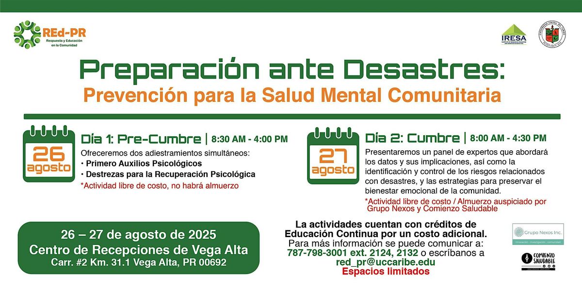 Preparación ante Desastres: Prevención para la Salud Mental Comunitaria, 27 August | Event in Vega Alta