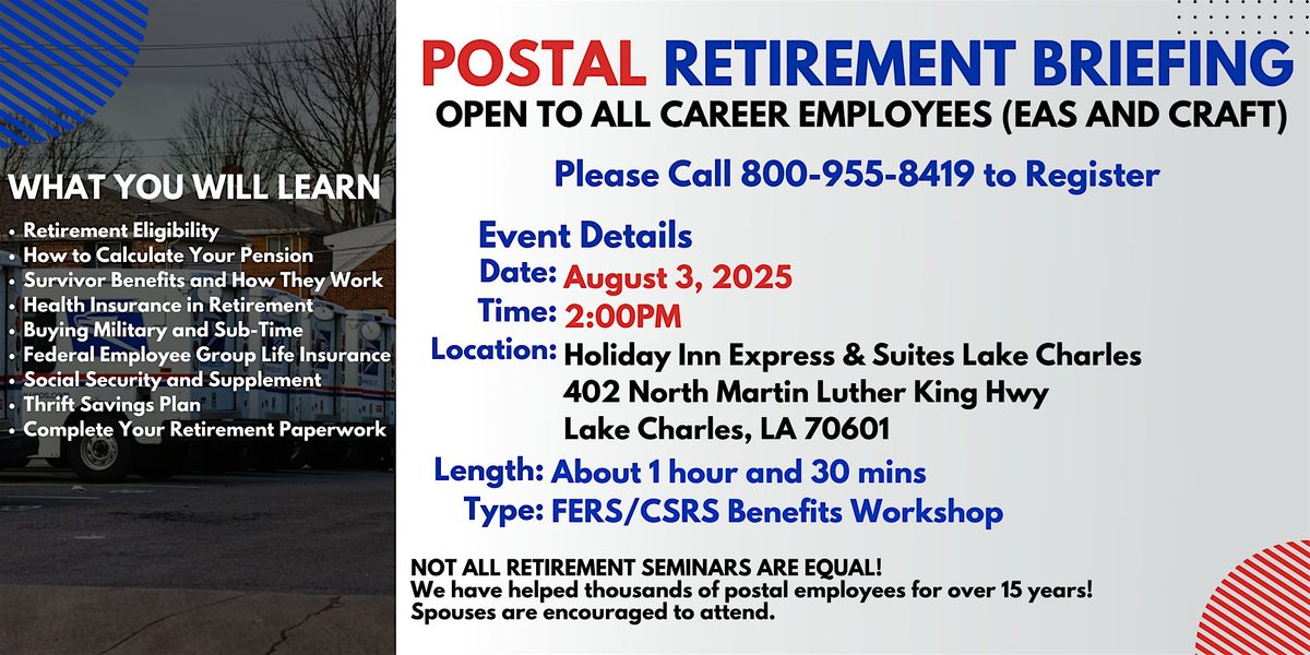 FERS Benefits Seminar - Lake Charles  08/03/25, 3 August | Event in Lake Charles | AllEvents
