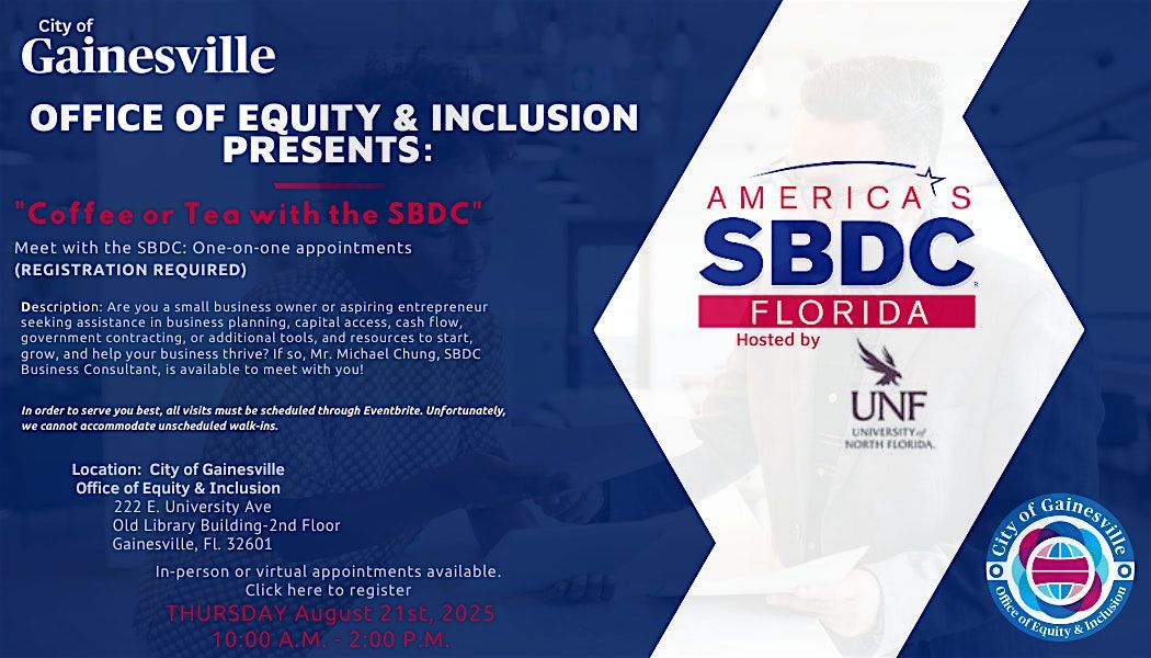 City of Gainesville's "Coffee or Tea With the SBDC!", 21 August | Event in Gainesville | AllEvents
