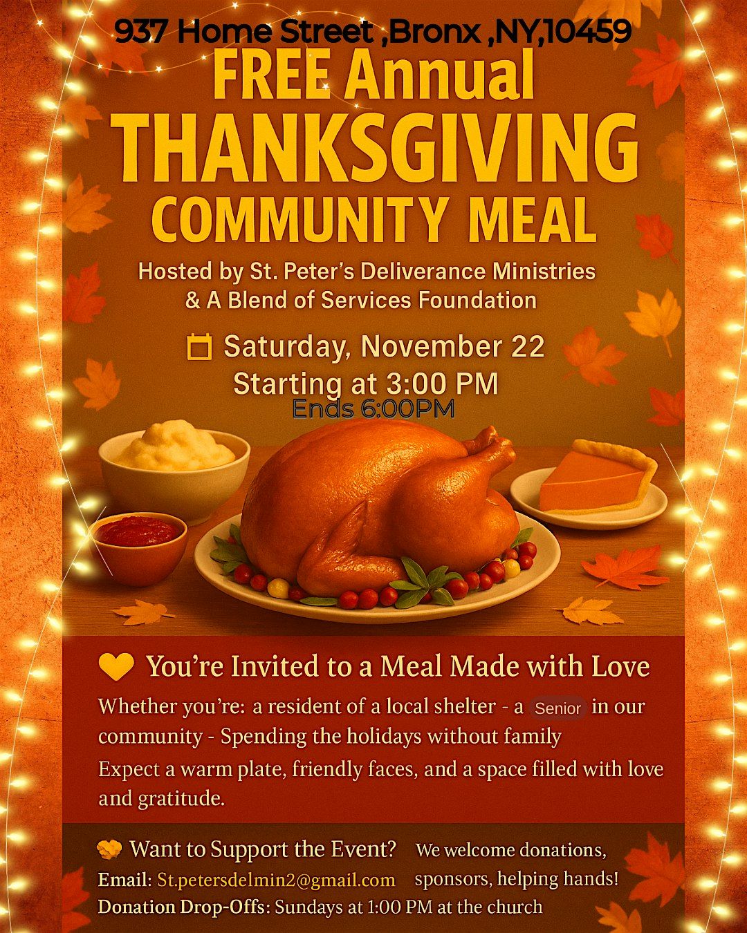 FREE Annual Thanksgiving Community Meal  Hosted by St. Peter’s Deliverance, 22 November | Event in The Bronx