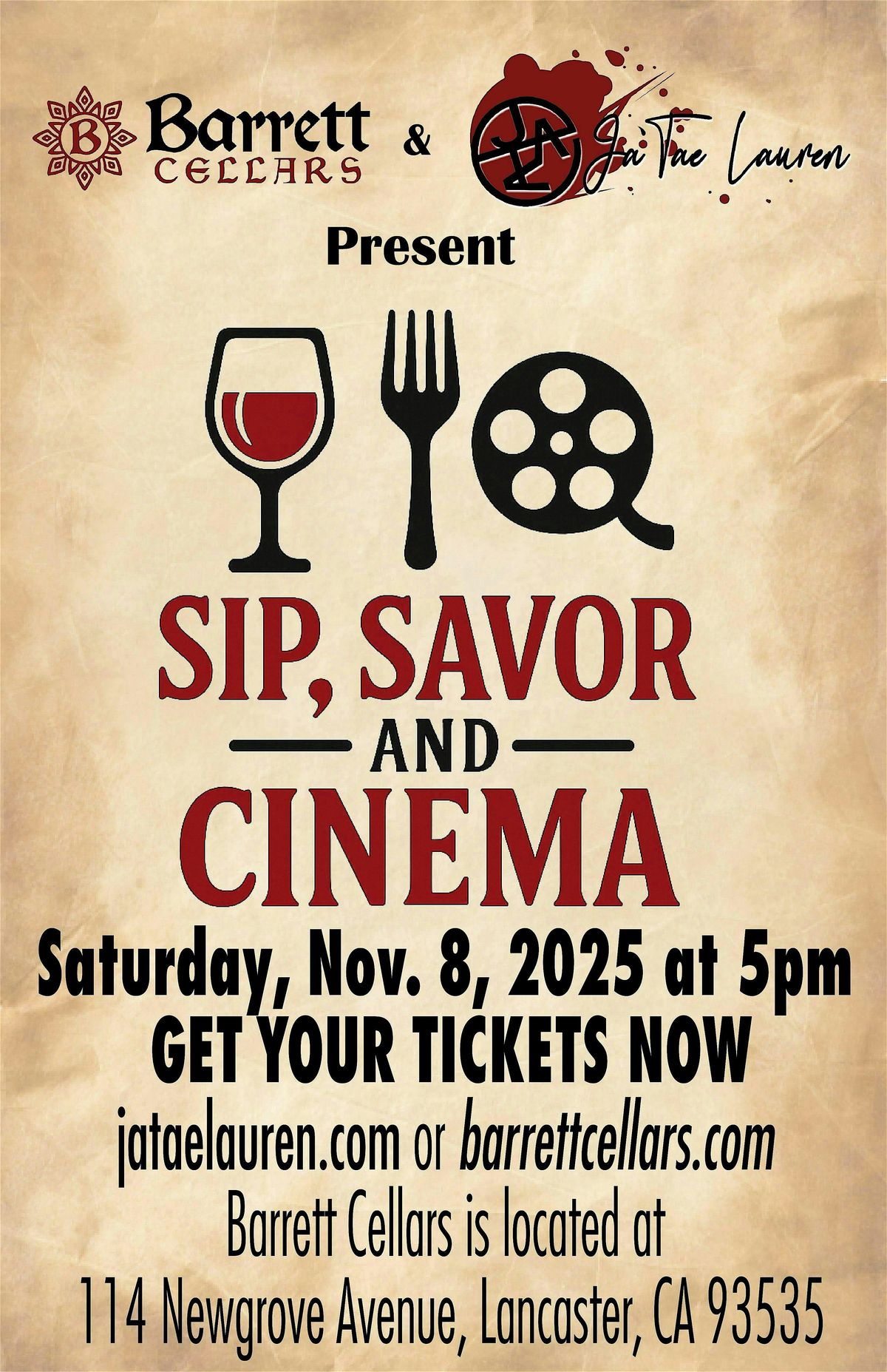 Barrett Cellars Winery x Ja'Tae Lauren Present: Sip, Savor and Cinema, 8 November | Event in Lancaster | AllEvents
