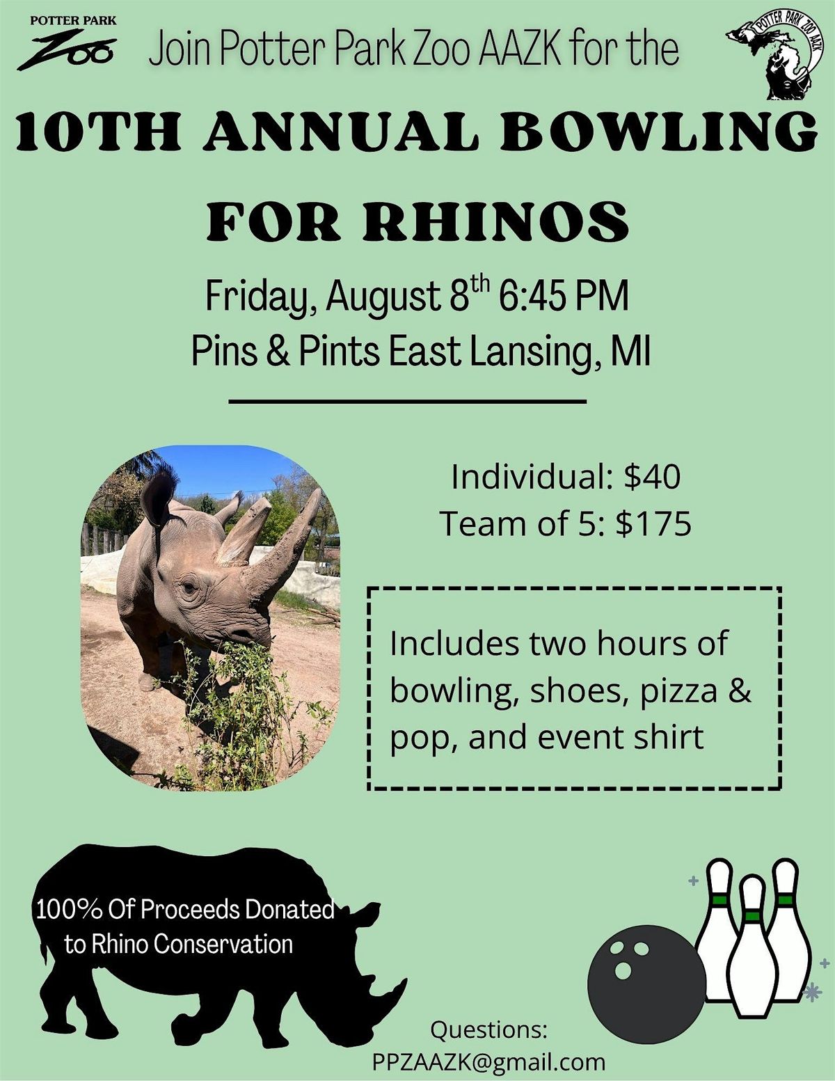 10th Annual Bowling for Rhinos Fundraiser by Potter Park Zoo AAZK, 8 August | Event in East Lansing | AllEvents