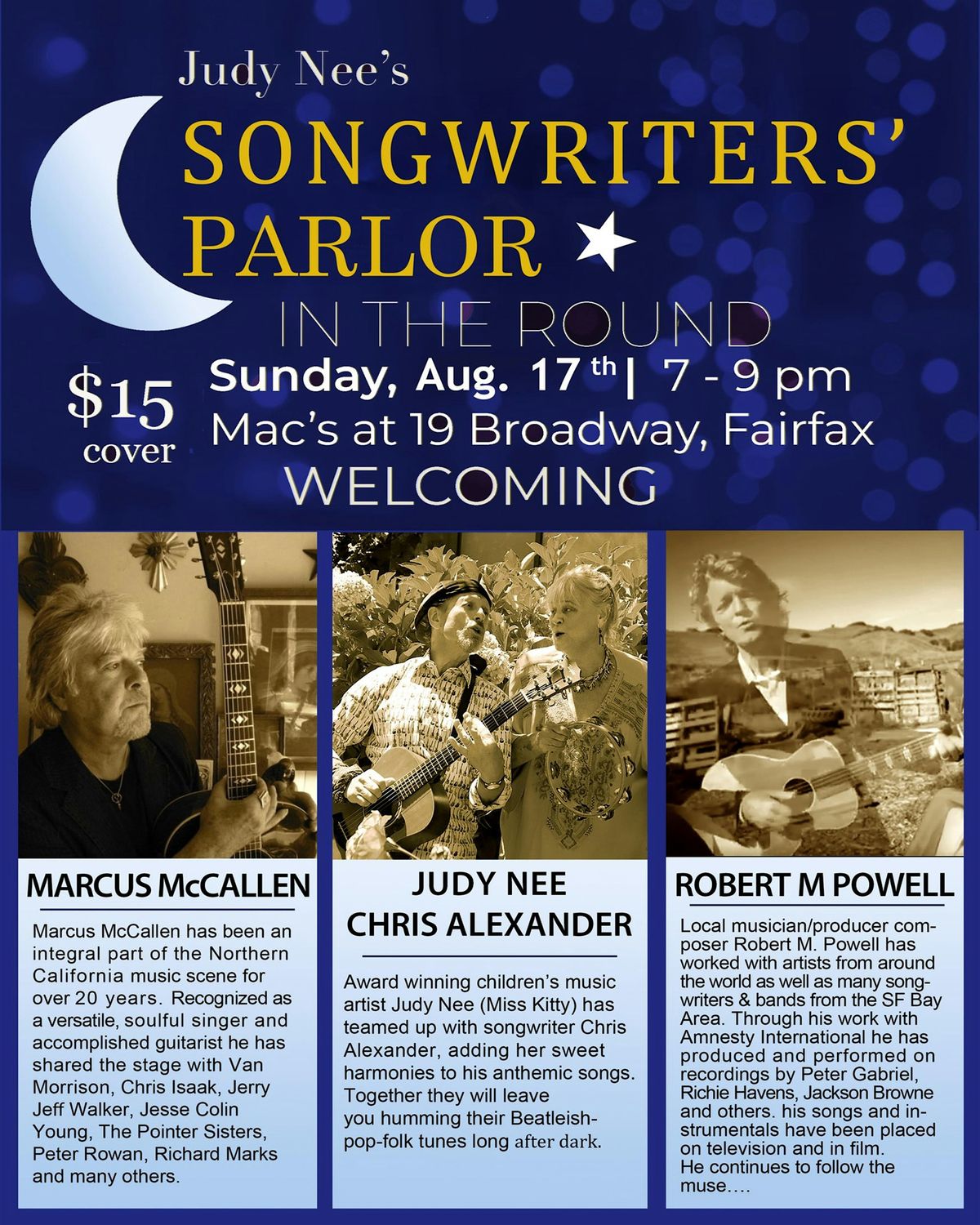 Judy Nee’s Songwriters’ Parlor – An Intimate Night of Music in the Round, 17 August | Event in Fairfax