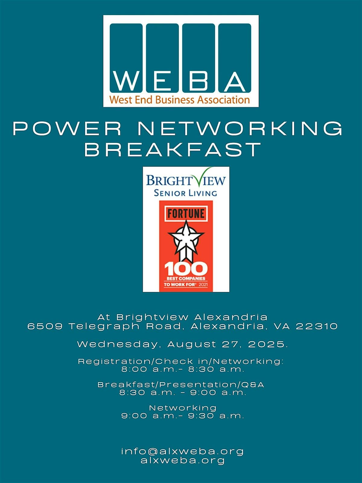West End Business Association (WEBA) Power Networking Breakfast at Bright, 27 August | Event in Alexandria