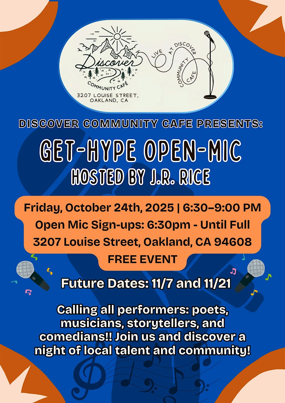Discover Community Cafe Presents Get-Hype Open-Mic, 24 October | Event in Oakland | AllEvents