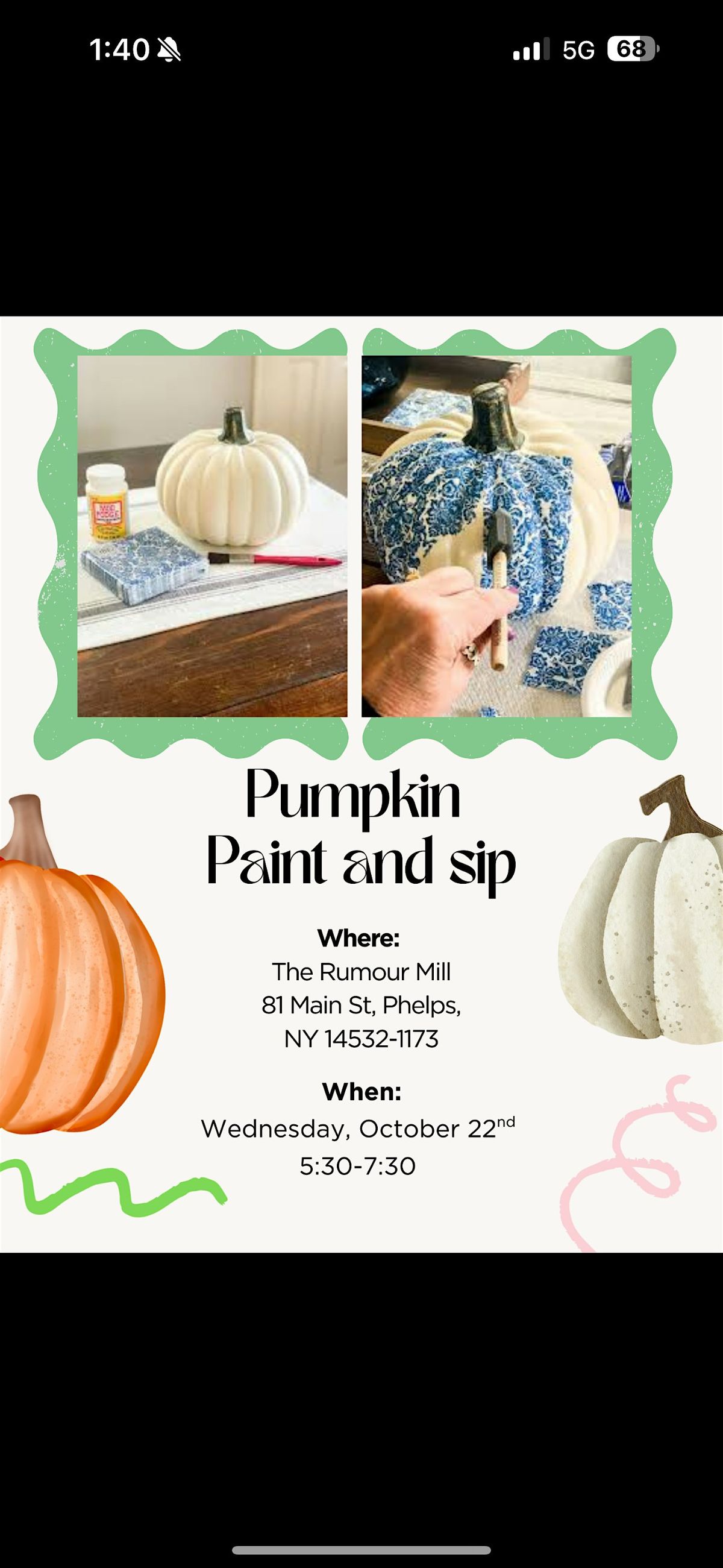 Pumpkin paint and sip, 22 October | Event in Phelps | AllEvents