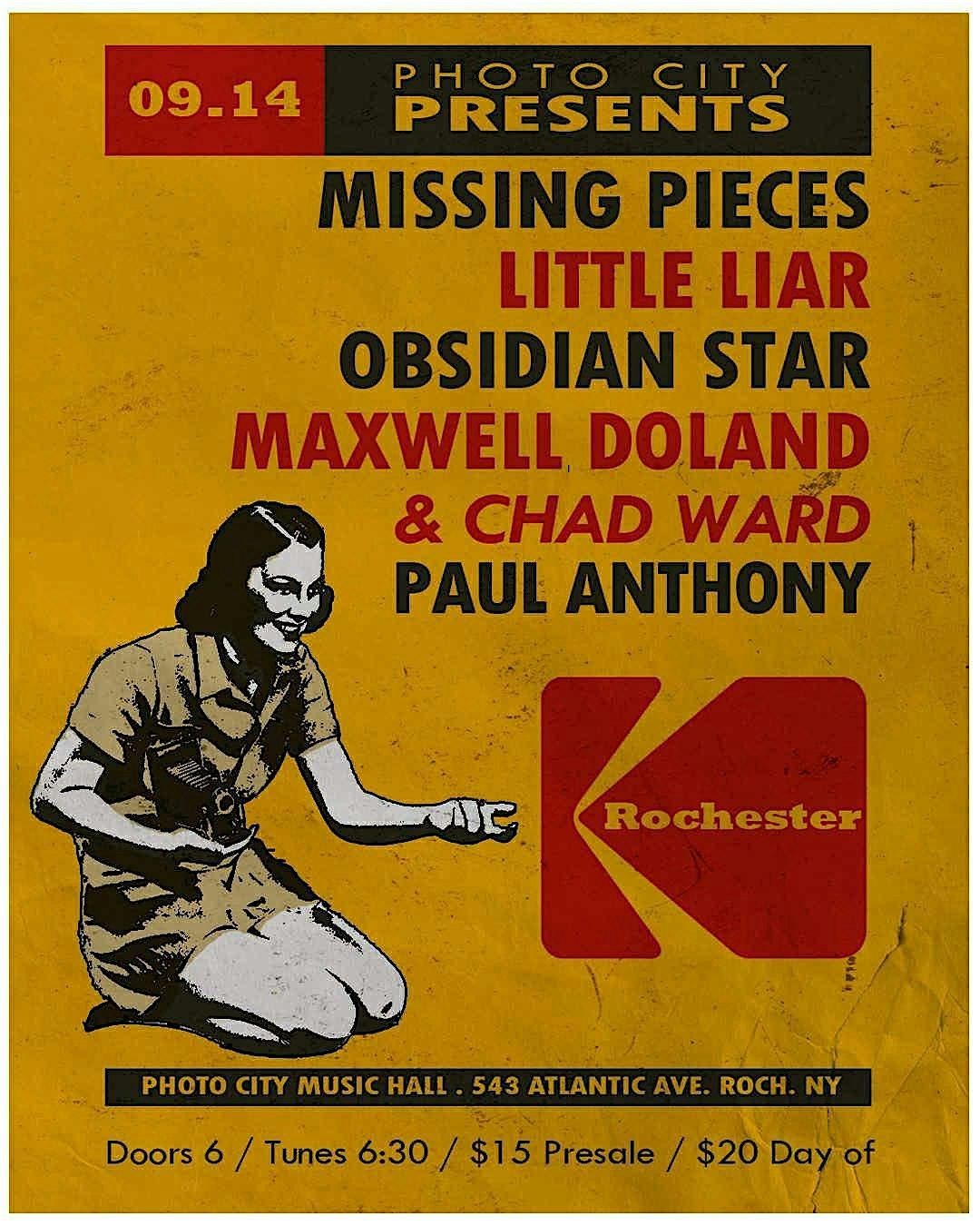 Missing Pieces, Little Liar, Obsidian Star, Maxwell Doldan/Chad Ward & more, 14 September | Event in Rochester