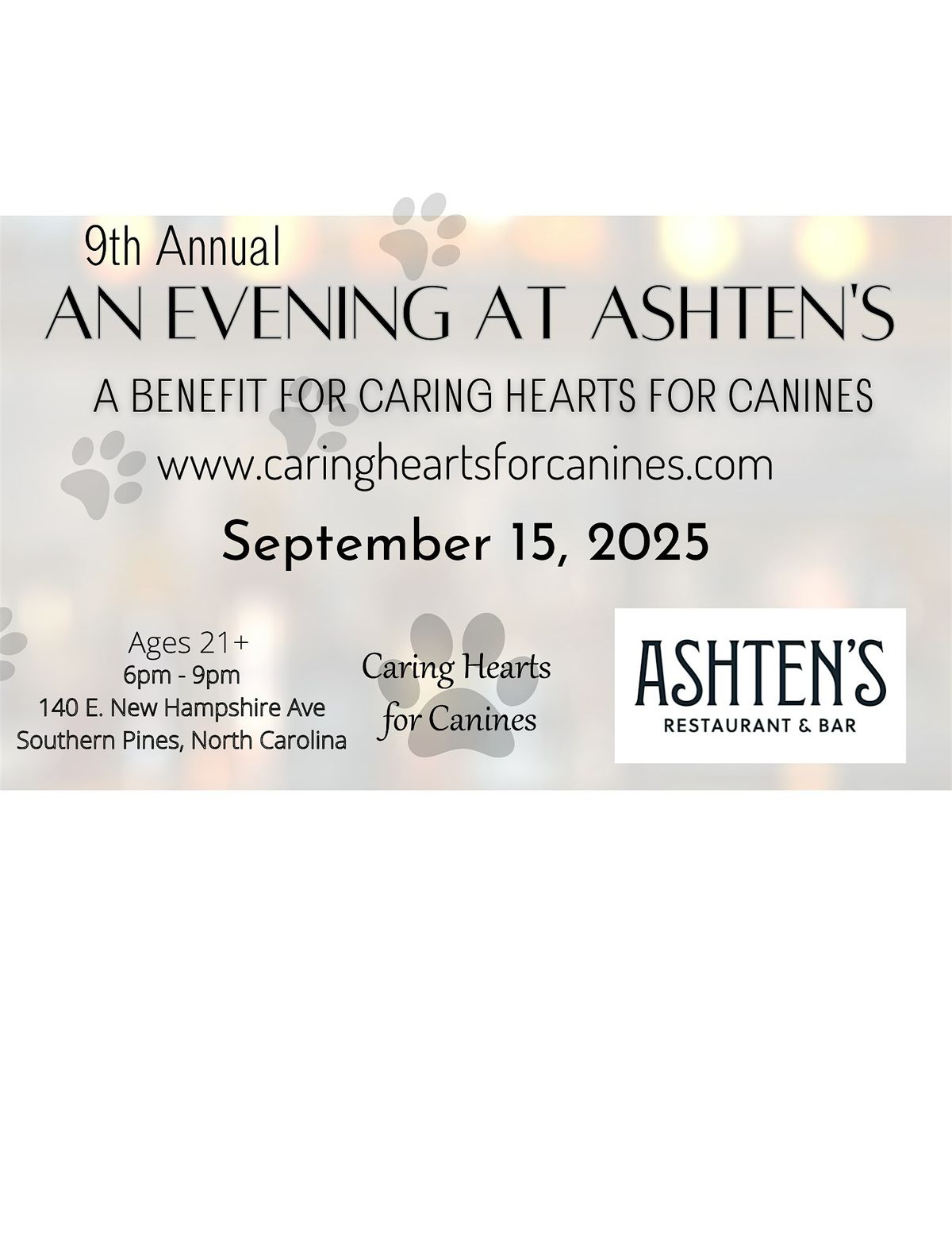 9th Annual Evening at Ashten's Benefit Event for Caring Hearts for Canines, 15 September | Event in Southern Pines