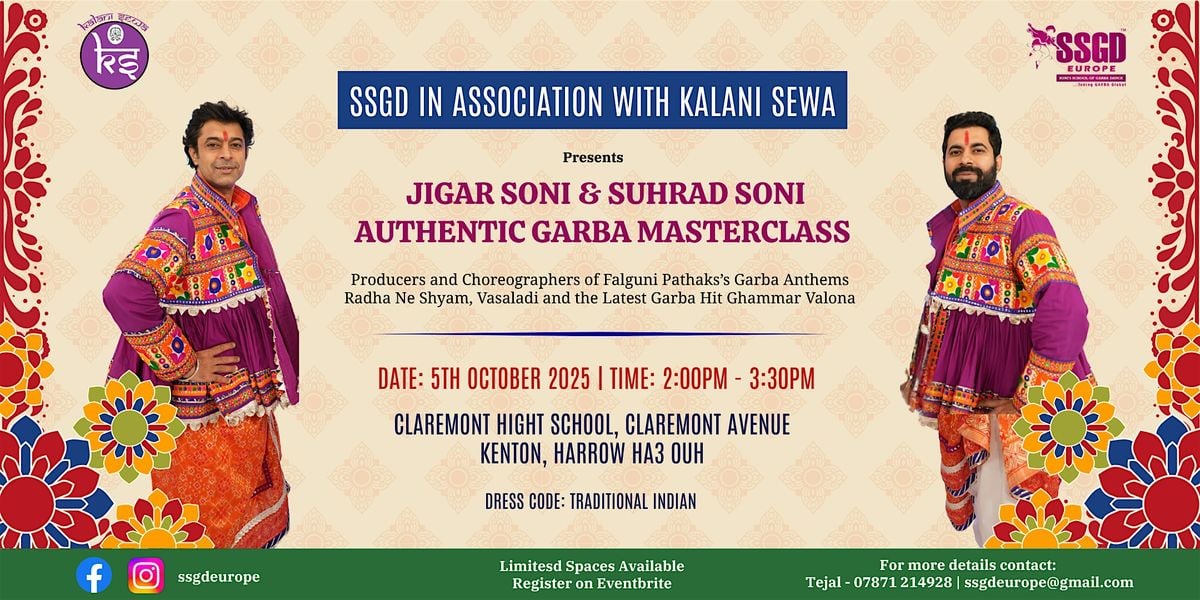 SSGD and Kalani Sewa  - Garba Masterclass with Jigar Soni and Suhrad Soni, 5 October | Event in Harrow | AllEvents