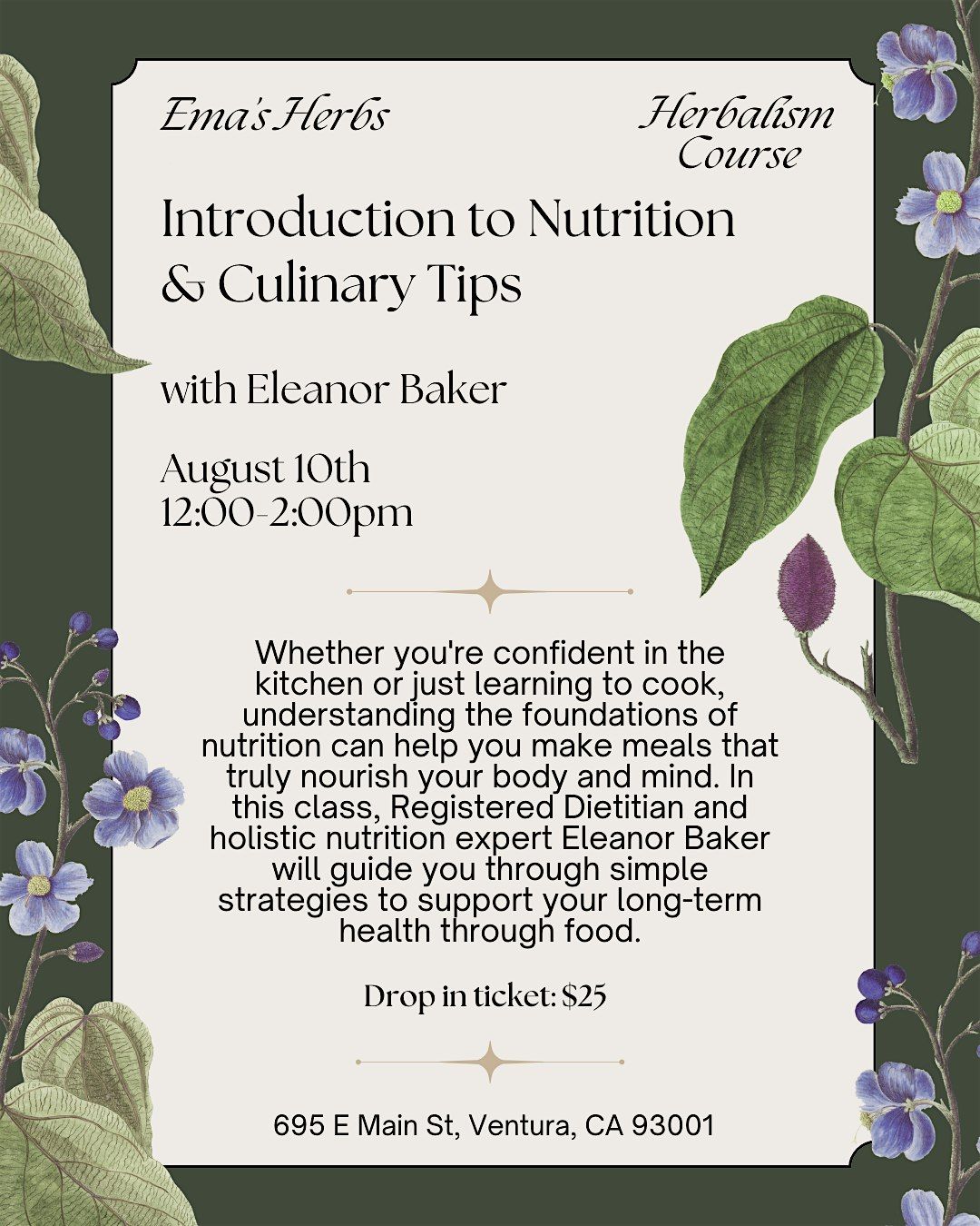 Introduction to Nutrition & Culinary Tips with Eleanor Baker, 10 August | Event in Ventura | AllEvents
