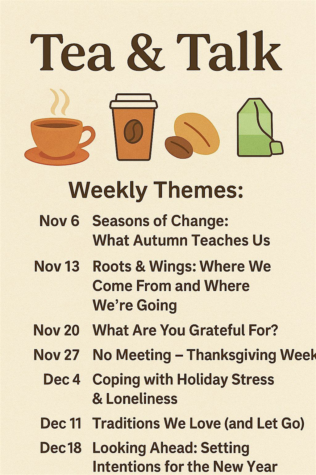 Tea & Talk Series: A gathering for meaningful conversation & warm drinks, 6 November | Event in Merrimac