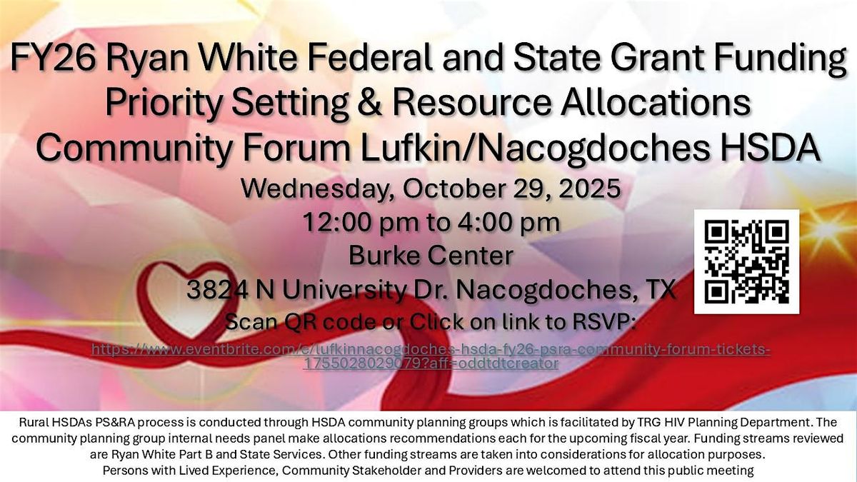 Lufkin/Nacogdoches HSDA FY26 PSRA Community Forum, 29 October | Event in Nacogdoches | AllEvents
