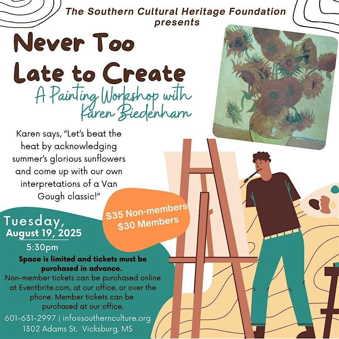 Never Too Late to Create, 19 August | Event in Vicksburg | AllEvents