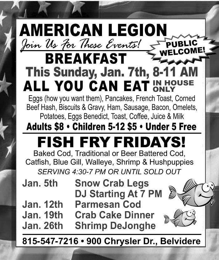 American Legion Breakfast & Fish Fry Schedule, American Legion, Belvidere, 5 January 2024