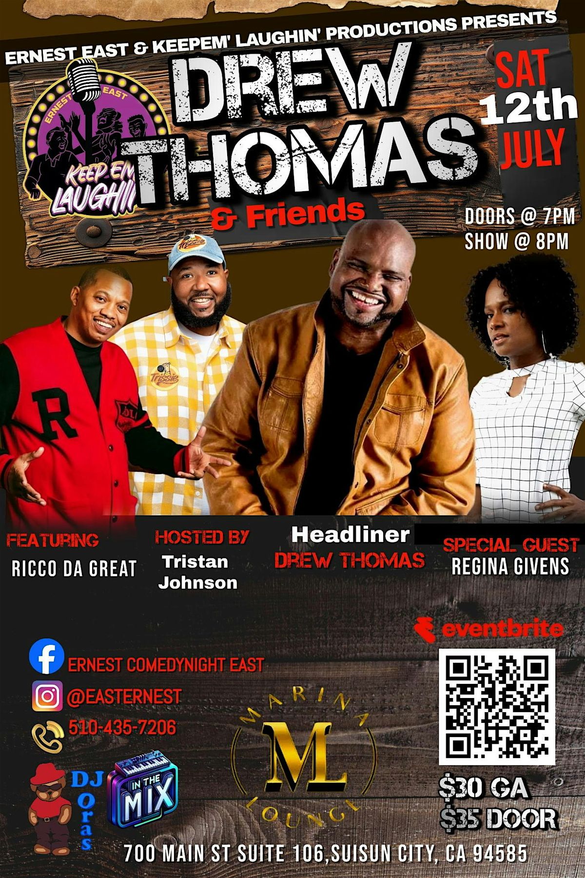 Ernest East & KeepEm Laughin Presents Drew Thomas & Friends, 12 July | Event in Suisun City | AllEvents