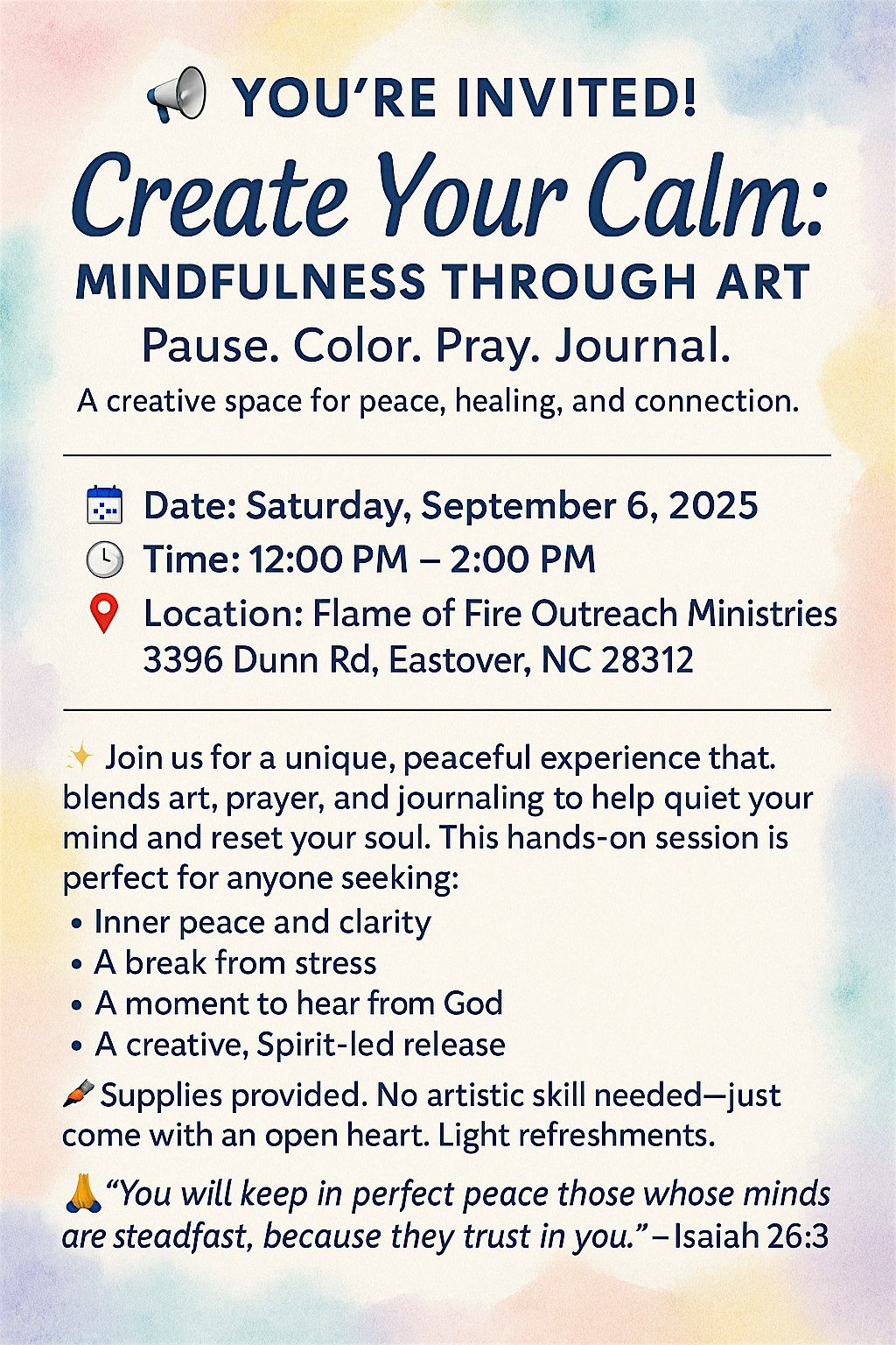 “Create Your Calm” by Flame of Fire Outreach Ministries, 6 September | Event in Eastover | AllEvents