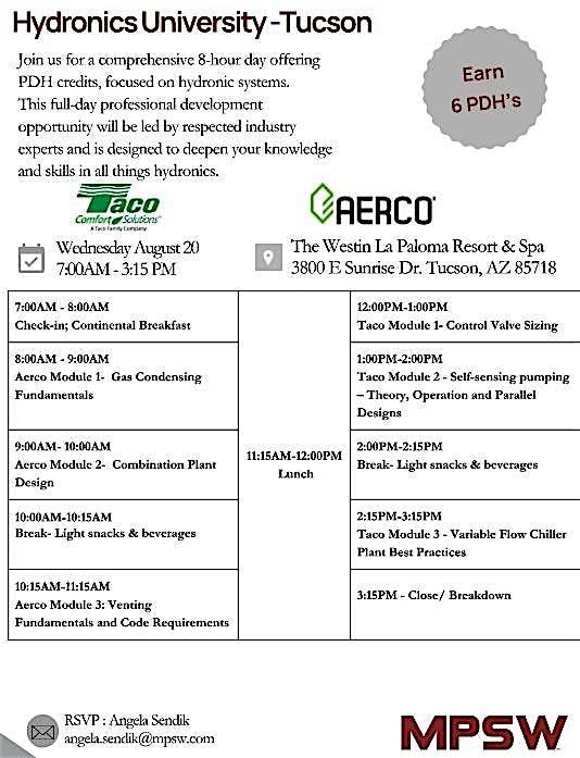 Hydronics University, 20 August | Event in Tucson | AllEvents