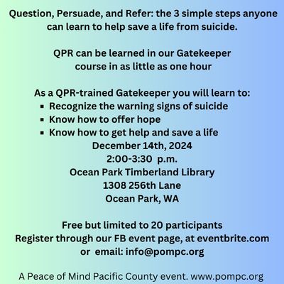QPR (Question, Persuade, Refer) Suicide Prevention Training, Peninsula ...