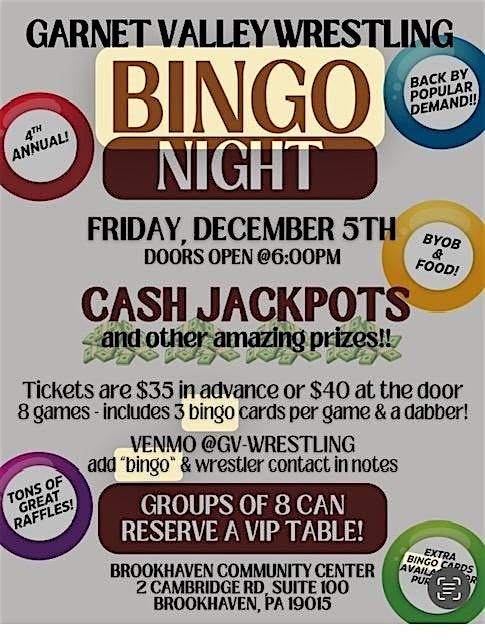 BINGO to benefit Garnet Valley Wrestling Boosters, 5 December | Event in Brookhaven | AllEvents