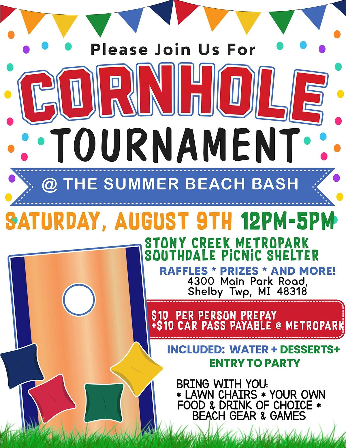 Singles 45 + Cornhole Tournament and Beach Bash @ Stony Creek Metropark, 9 August | Event in Shelby Township