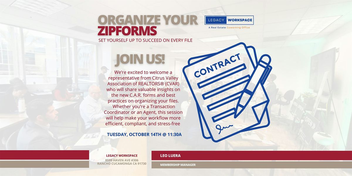 Organize Your ZipForms : Set Yourself to Succeed on Every File, 14 October | Event in Rancho Cucamonga | AllEvents