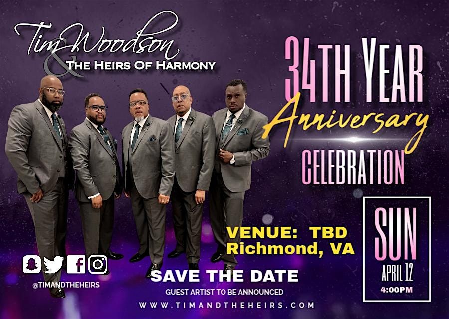 Tim Woodson & The Heirs of Harmony - 34th  Year Anniversary Celebration, 12 April | Event in Richmond