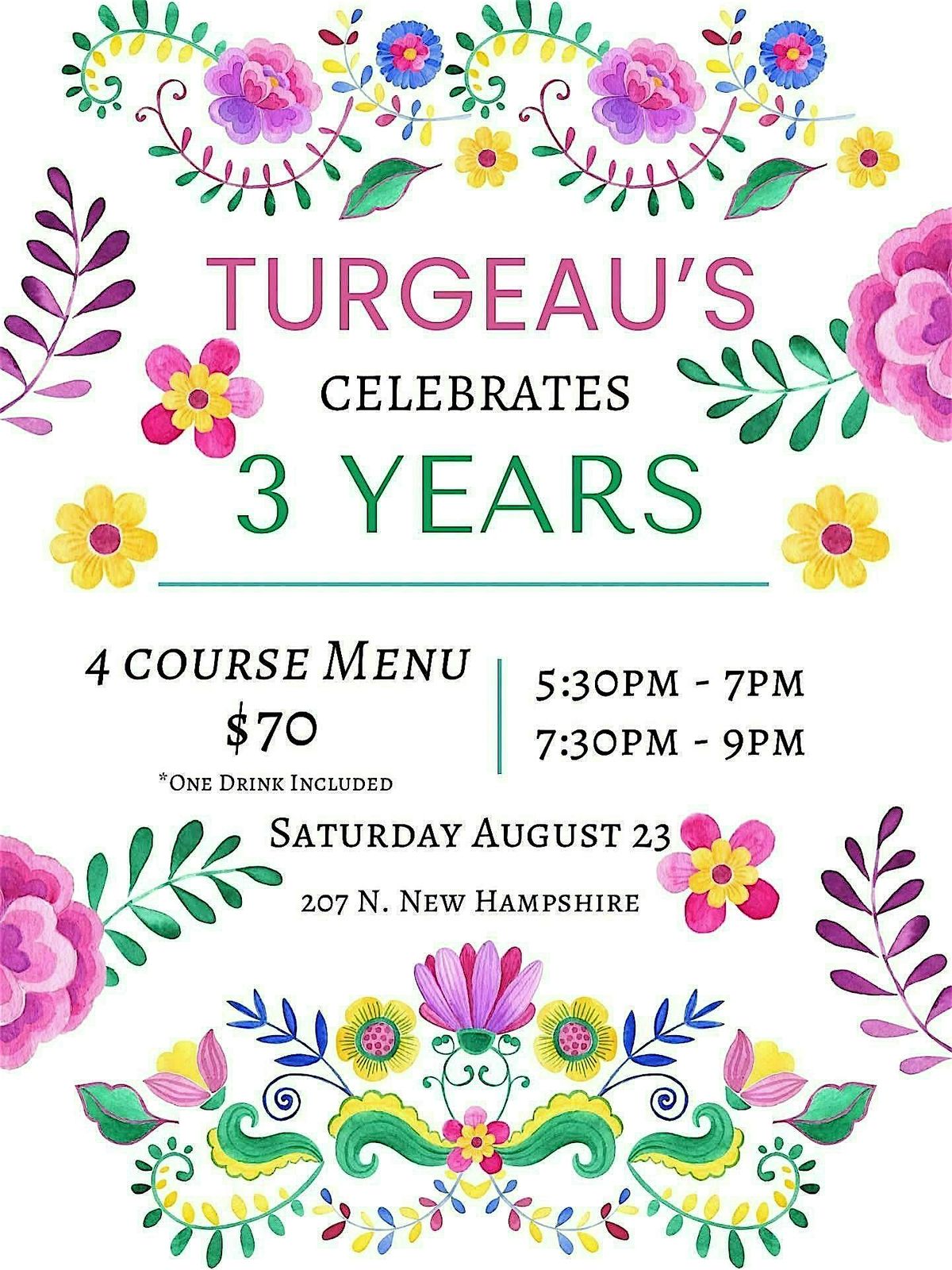 Turgeau’s 3 Year Anniversary Dinner, 23 August | Event in Covington | AllEvents