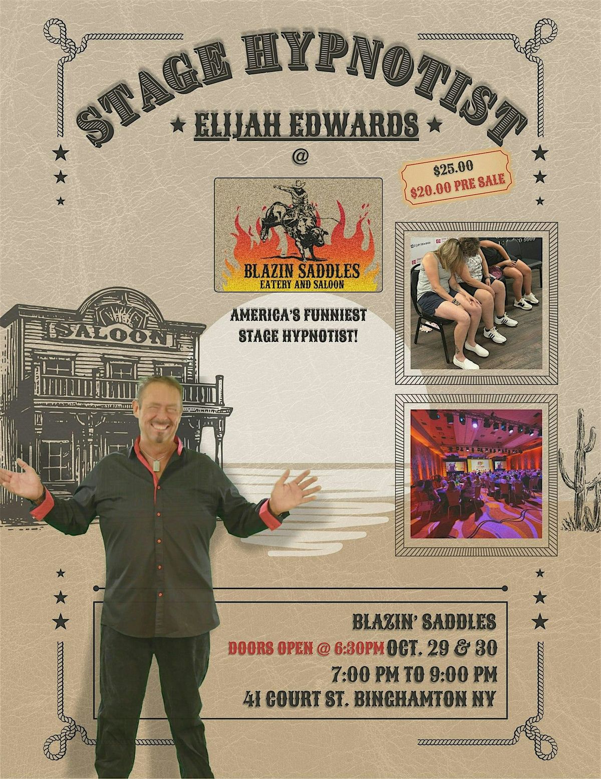 Elijah Edwards, Stage Hypnotist at Blazin' Saddles, 29 October | Event in Binghamton | AllEvents