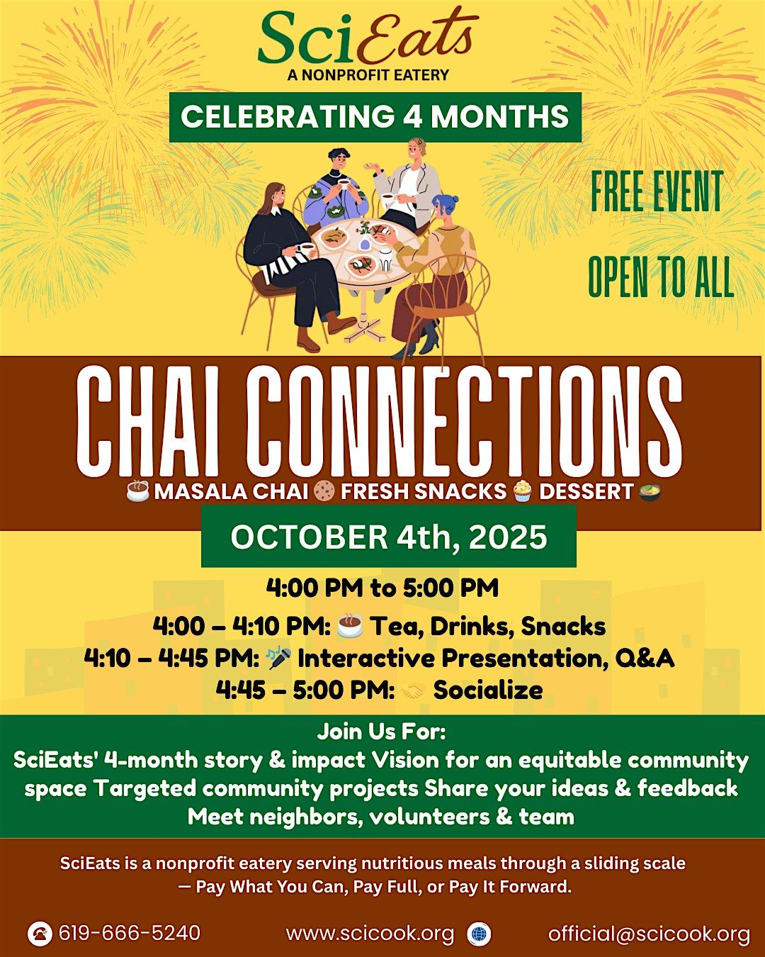 Chai Connections - Celebrating SciEats Milestone & Community Space Vision, 4 October | Event in San Diego