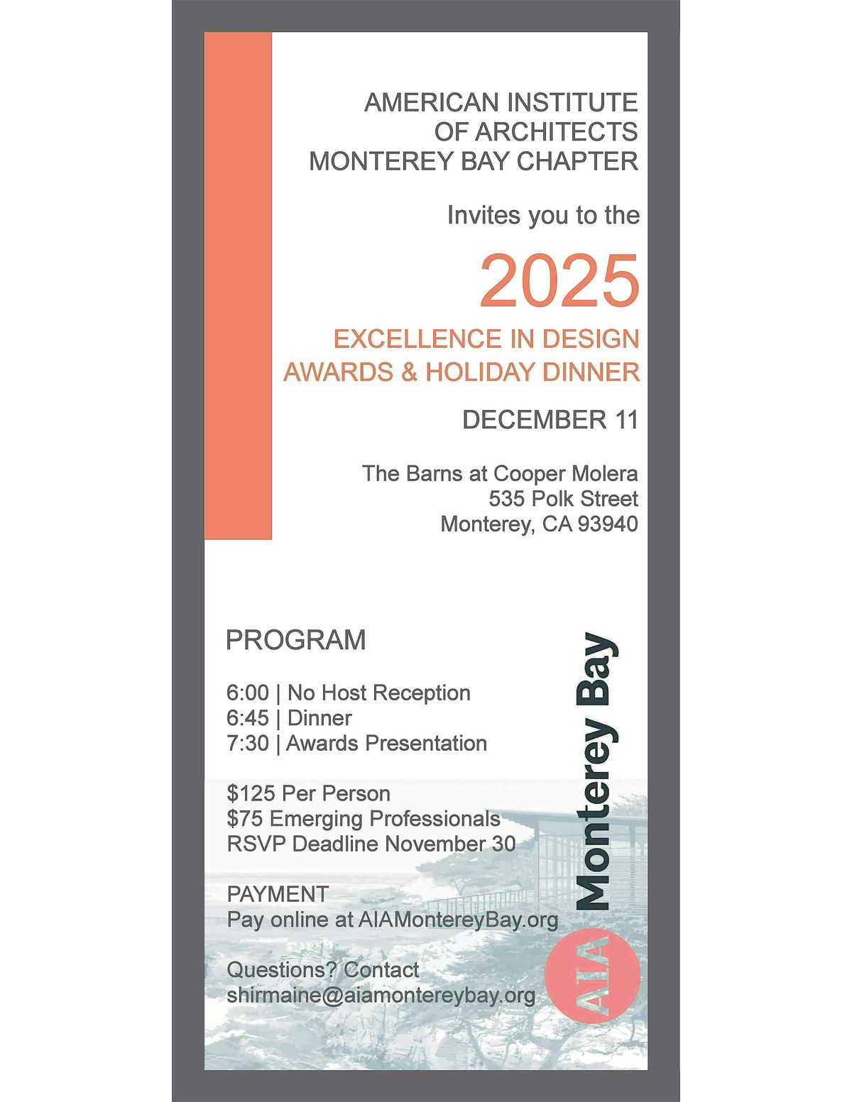 AIA Monterey Bay Design Awards Presentation and Holiday Dinner, 11 December | Event in Monterey | AllEvents