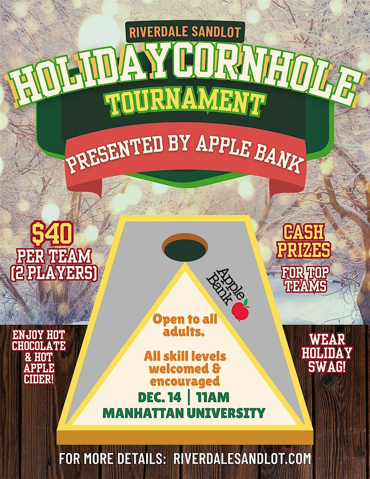Riverdale Sandlot Holiday Cornhole Tournament Presented by Apple Bank, 14 December | Event in The Bronx | AllEvents